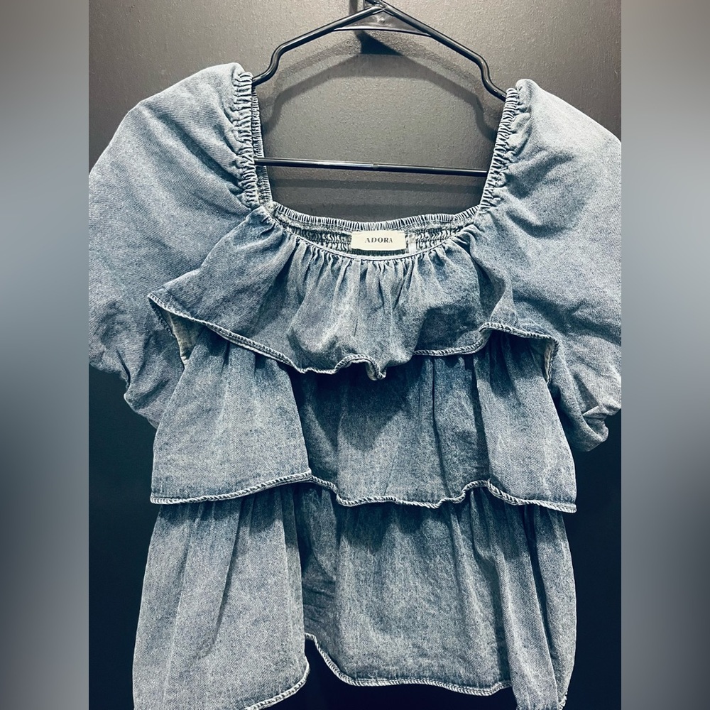 ADORA Denim Ruffle Short-Sleeve Top…